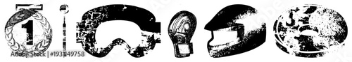 Set of athletic victory and gear including first place medal, ski goggles, boxing glove, motorcycle helmet, and disc symbol, rendered in distressed black and white vector style.