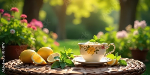 Serene Garden Tea Party A Refreshing Cup of Herbal Tea with Lemon and Mint in a Floral Teacup, Set on a Wicker Table Amidst Blooming Flowers and Sunshine