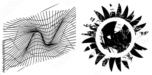 Black art featuring warped grid and fragmented sunburst motif, vector graphic, graphic design elements, artistic composition, abstract art.