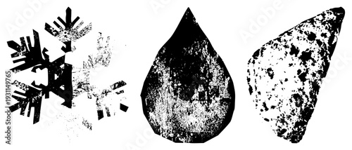 Graphic symbols featuring snowflake, droplet, and with halftone grainy texture, vector, isolated elements, design motifs, aesthetic.