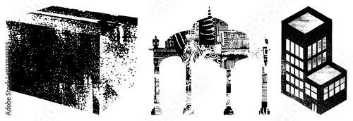 Three isometric buildings illustrated with halftone textures, architectural structures, urban design elements, black and white vector art, geometric cityscape.