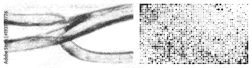 Stylized halftone graphic with flowing curved and dense dot clusters, vector art, black and white, abstract design, digital illustration.