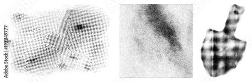 Abstract halftone designs rendered in black and white, dot matrix gradients, graphic art forms, vector based textures, visual noise.