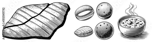 Detailed ink sketch of seafood including clams, oysters, and soup bowl, halftone shading, culinary illustration, coastal cuisine.