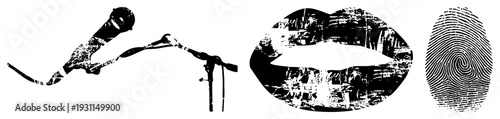Graphic symbols microphone on stand, stylized lips, fingerprint. Halftone texture,, isolated vector elements. Used for UI, identity, or security themes.