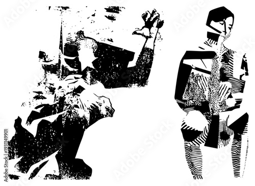 Stylized human forms with fragmented shapes and halftone textures, graphic illustration, modern art, vector art, isolated figures, artistic composition, abstract design.