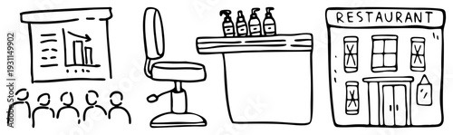 Hand drawn of presentation chart, barber chair, bar counter with bottles, restaurant facade minimalist office, salon, café, and dining concepts.