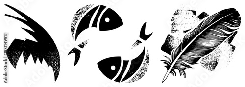 Graphic of fish and feather in bold black shapes, halftone grain effect, vector art, isolated symbols, tattoo design elements, tribal motifs.