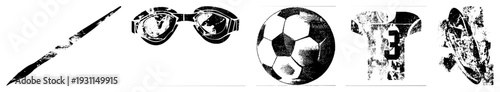 Classic athletic equipment featuring swim goggles, soccer ball with hexagonal panels, and football jersey with number 3, all rendered in distressed halftone style.