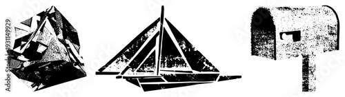 Abstract geometric crystal, sailboat silhouette, classic mailbox all rendered in halftone vector style with textured shading. Isolated foreground elements for design use.