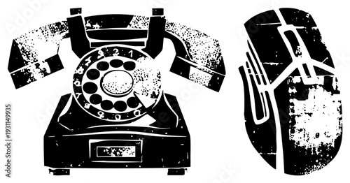 Retro rotary telephone and computer mouse, vector cutout with distressed texture, digital and analog tech, black and white halftone style.
