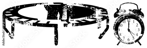 Classic alarm clock with bells and analog dial, with springy frame, distressed black and white vector art, retro playground equipment, nostalgic timepiece.