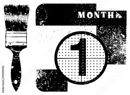Art brush with bristles and handle, calendar page showing “MONTH” and number “1”, halftone texture, retro design, graphic illustration.