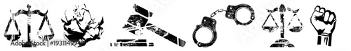 justice symbols scales of justice, gavel, handcuffs, and raised fist, representing law, fairness, law enforcement, and civil rights activism.