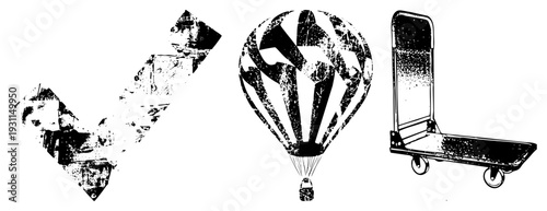 Distressed vector illustrations of a, hot air balloon, and hand truck, rendered in high contrast black and white with gritty texture. Ideal for retro or industrial design projects.