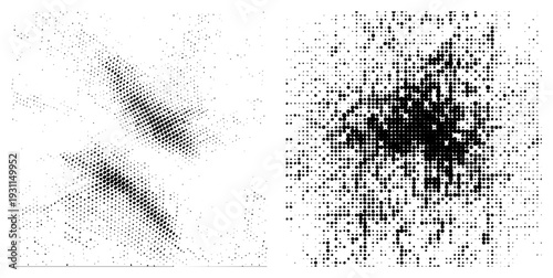 Vector based halftone design with dot gradients forming abstract forms, isolated graphic elements, stylized minimalism, composition, digital art.