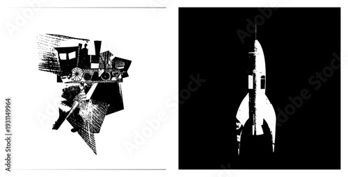 Abstract halftone train collage, retro transport mashup, ship cutout, vector art, industrial retro design.