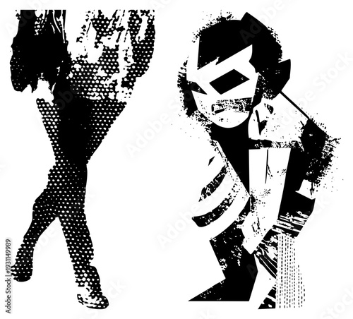 Two comic style heroes rendered in halftone dot and stark black shapes, dynamic poses, graphic art, pop art influence, isolated vector figures.