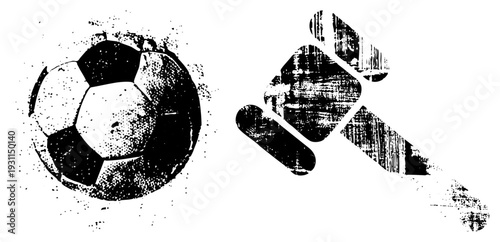 Distressed soccer ball and gavel with halftone texture, legal sports metaphor, black and white vector, gritty design, courtroom and football themes.