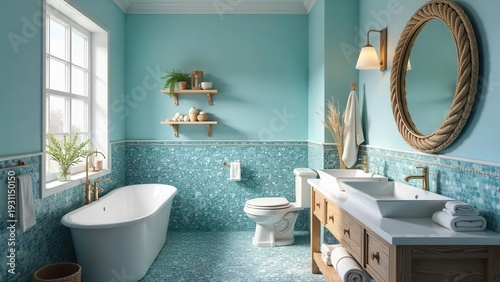 Serene Aqua Bathroom Design Featuring a Freestanding Tub, Double Vanity, and Decorative Accents