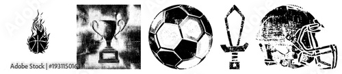 Sports victory symbols flaming ball, trophy, soccer ball, sword, football helmet bold graphic for athletic themes, competition, and team spirit.