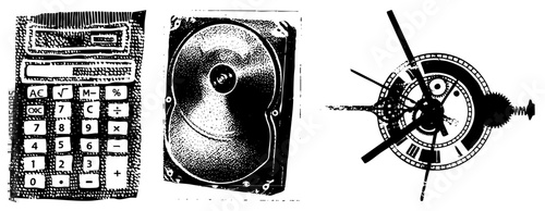 Retro tech devices handheld calculator, internal hard drive platter, intricate analog clock gears, halftone style.