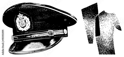 Police uniform hat with and jacket, law enforcement attire, officer gear, duty uniform, officer insignia, badge emblem, service apparel.