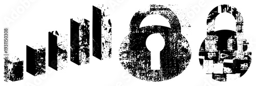 Digital security with grunge texture, ascending bar graph, data protection symbol, cyber lock, ransomware visual, tech security graphic.