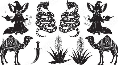 Black and white of cats in wizard hats, snakes, camels, dagger, and plants