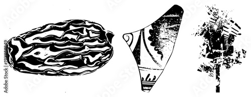 Black and white halftone vector illustrations of a date fruit, decorated, and stylized tree, all isolated with bold and textured.