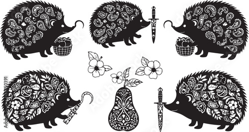 Black and white of hedgehogs with intricate patterns and