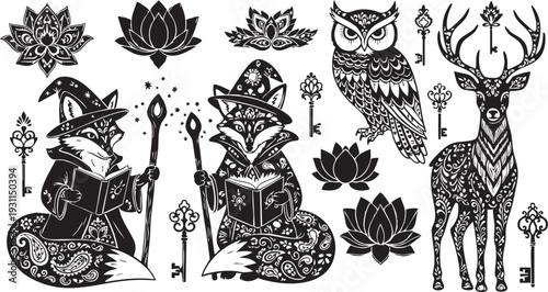 Black and white of magical foxes reading books with owl and deer wizards hats