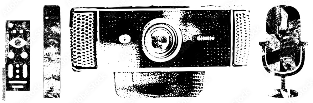 Obraz premium Retro conferencing device with pixelated lens and mesh grille, analog microphone with classic stand, halftone vector art, digital communication tools.