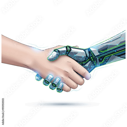 A human hand shaking a robotic hand with glowing blue circuits on a white background. Perfect for technology, innovation, and business concepts.