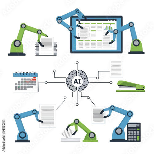 A digital illustration of robotic arms interacting with office supplies and a computer displaying a spreadsheet, connected to a central AI brain. Perfect for technology, automation, and