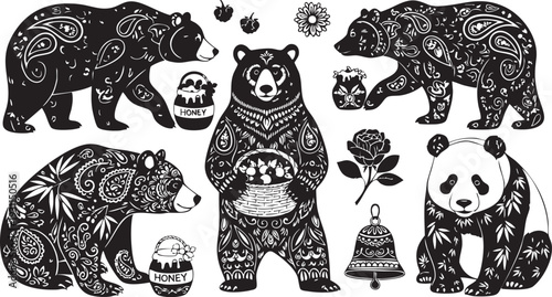 Intricate black and white bear with floral patterns and honey pots bears panda