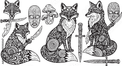 Intricate black and white fox with masks and mushrooms detailed