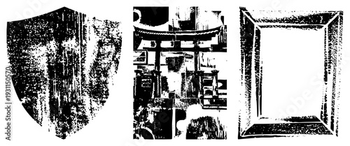 Three stylized vector shield with weathered grain, Japanese torii gate silhouette, empty frame, all in high contrast halftone. Graphic elements for branding or UI.