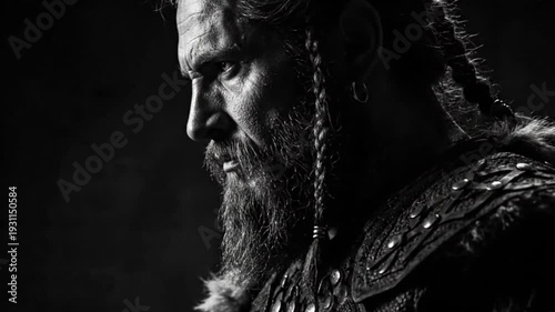 Dramatic Black and White Portrait of a Fierce Viking Warrior with Braided Hair and Leather Armor in Low Light