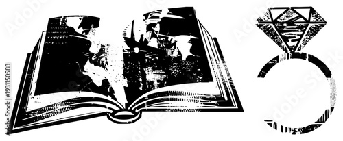 Vintage illustrated open book with intricate black and white scenes, paired with a diamond ring cutout, vector graphic, halftone texture, isolated elements.