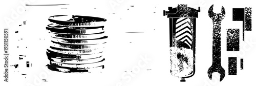 Stacked coins, water filtration unit, wrench tool, mechanical repair, industrial maintenance, black and white graphic, stylized equipment.
