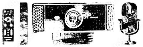 Retro conferencing device with pixelated lens and mesh grille, analog microphone with classic stand, halftone vector art, digital communication tools.