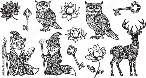 Intricate black and white of owls, keys, lotus flowers, wizards, and a deer