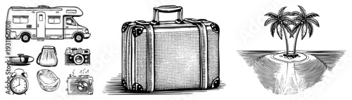 Vintage travel including RV, suitcase, camera, alarm clock, and tropical island with palms, all in halftone vector style.