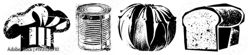 Classic culinary symbols rendered in halftone, chef hat, canned food, pumpkin, bread loaf, retro kitchen, food illustration.