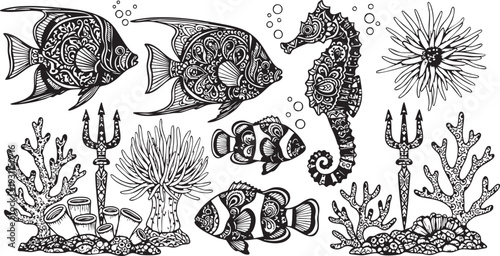 Intricate black and white of sea creatures and underwater fish seahorse coral