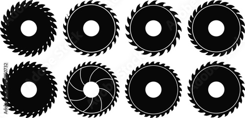 Circular saw blade silhouette set with woodworking cutting tools isolated on white vector collection