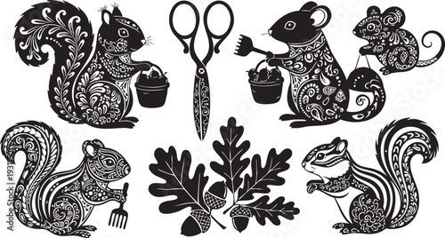 Intricate black and white of squirrels mice and scissors with detailed patterns