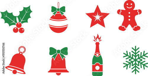 Christmas icon set with holly bell star gingerbread and festive decorations vector illustration