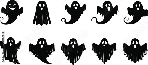 Cute ghost silhouette set with spooky Halloween spirits isolated on white vector illustration collection